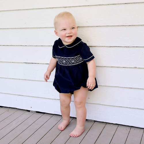 Navy Corduroy Smocked Collared Bubble