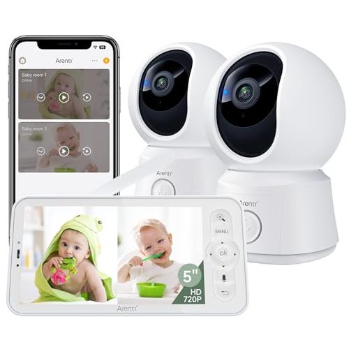 ARENTI Baby Monitor 2 Cameras, Smart Baby Camera with 5-Inch Wireless Display, Super Night Vision, Temperature Sensor, Sound Detection, Auto Motion Tracking, 2-Way Audio, VOX Mode(B2 Set)