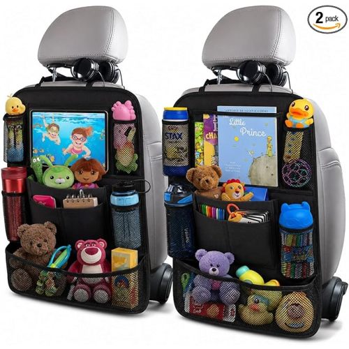ULEEKA Car Backseat Organizer with 10" Table Holder, 9 Storage Pockets Seat Back Protectors Kick Mats for Kids Toddlers, Travel Accessories, 2 Pack