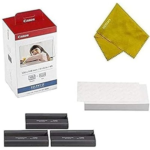 Canon KP-108IN 3 Color Ink Cassette and 108 Sheets 4 x 6 Paper Glossy for SELPHY CP1300, CP1200, CP910, CP900, CP760, CP770, CP780 CP800. Bonus: Quality Photo Microfiber Cloth