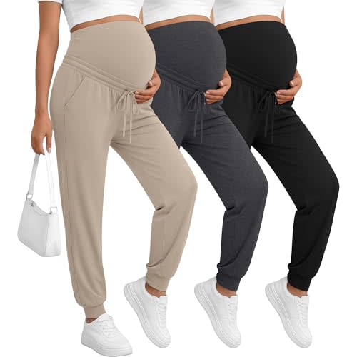 3 Pack Women's Maternity Pants Over Belly Maternity Casual Pants Loose Drawstring Pregnancy Joggers with Pockets