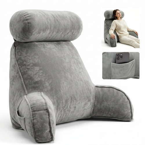 WEEUSE Reading Pillow with Arms and Semi-Round Neck Roll, Bed Rest Pillow for Sitting Up in Bed, Back Support Pillow with Phone Pocket for Reading, Watching TV and Gaming, Gray