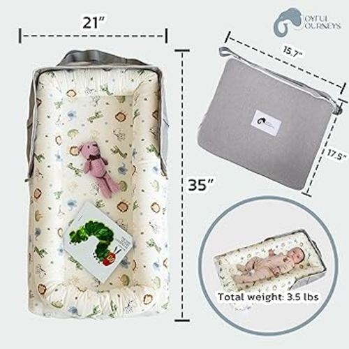 Joyful Journeys Baby Lounger - 2 in 1 Infant Lounger Baby Nest/Diaper Organizer - 100% Cotton Lounger Pillow - Portable Baby Lounger Travel Bed - Newborn Essential - 0-18 Months (Blue Zoo Animals)