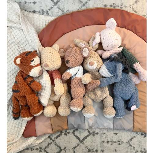 Crochet pastel vintage - modern baby winnie bear & friends Snuggler – Handmade Animal Lovey, Baby Shower Gift- rainbow baby- nostalgic