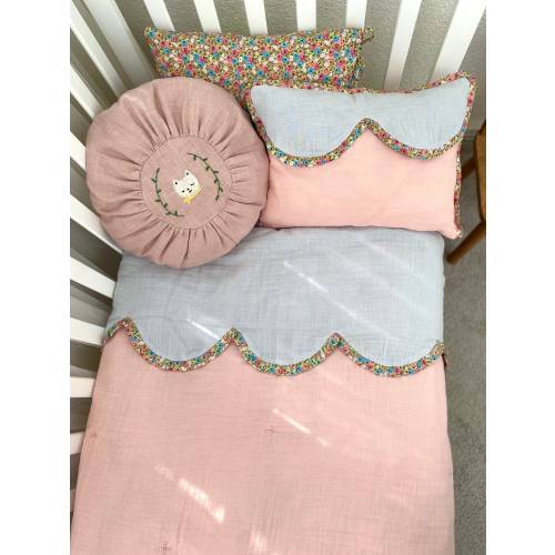 Muslin Floral Scalloped Edge Baby & Toddler Duvet Cover Set, Double Gauze Toddler Muslin Bedding Set , Muslin floral Bed Linen Set