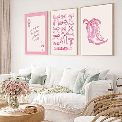 3pcs Fashion Pink Bow Wall Art Coquette Preppy Wall Decor Pink Cowboy Boots Painting Picture Lucky Girl Poker Canvas Poster Prints for Girls Dormitory College Apartment Home Decor 12x16in Unframed