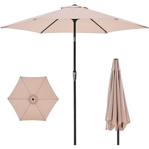 OLIXIS 7.5ft Patio Umbrella with Tilt and Crank Button & 8 Sturdy Ribs Waterproof, Patio Table Umbrella Perfect for Poolside, Terrace, Beach and Outdoor Restaurant, Beige