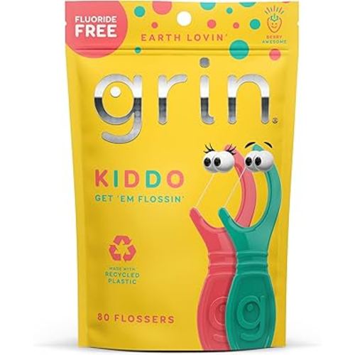 GRIN Kiddo Flossers, Berry Awesome Flavor, Recycled Plastic, Jumbo Grip, Get Your KIDDOS Flossin’ Early, Larger Floss Head, Child Safe! 80 Count, Floss Picks, Dental Flossers