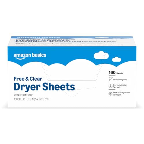 Amazon Basics Dryer Sheets Laundry Fabric Softener, Free & Clear, Hypoallergenic, Free of Fragrances, Softening Agent, Dermatologist Tested, 160 Count