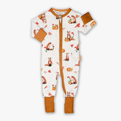 Baby Two-Way Zip Sleepsuit - Bamboo & Organic Cotton with Foldover Socks & Mittens - Fluffy Foxes – GrowGrows