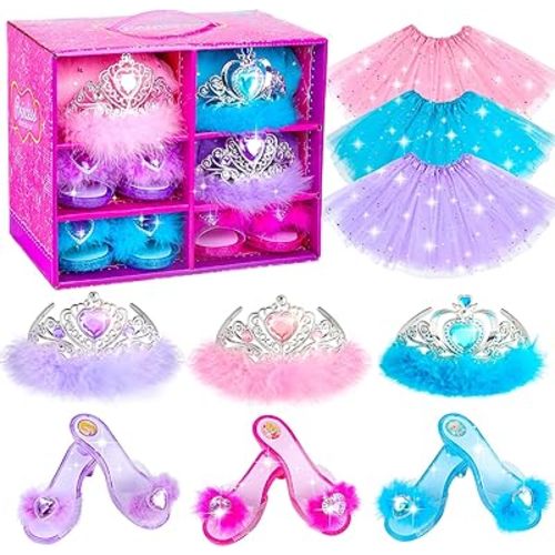 Princess Dress Up Shoes , Dress Up Clothes Pretend Play Costumes-3 Sets of Princess Shoes, Dresses and Crowns, Princess Accessory Toys for 3-6 yr Girl Birthday Gifts