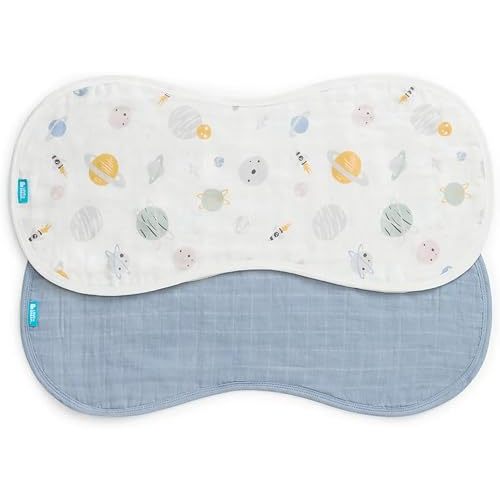 Love To Dream Organic Cotton Burp Cloth 2 Pack, Large Absorbent Baby Feeding Cloths, Convertible to Extra Wide Bib, Mist Blue Rocket, 21 x 15 x 2.5 cm