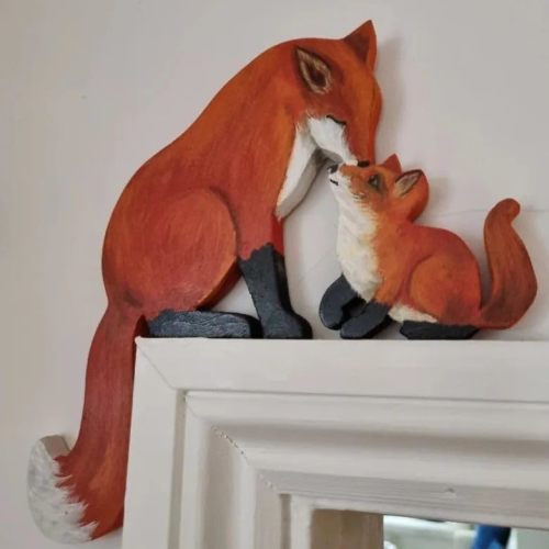 New Fox Statue Door Frame Decor Cute Mama and Baby Fox Door Topper Handcrafted Wood Decor Sign, Creative Animal Sculpture Wall Art Figurine Ornament for Garden Living Room Bedroom Office (1 / Set)