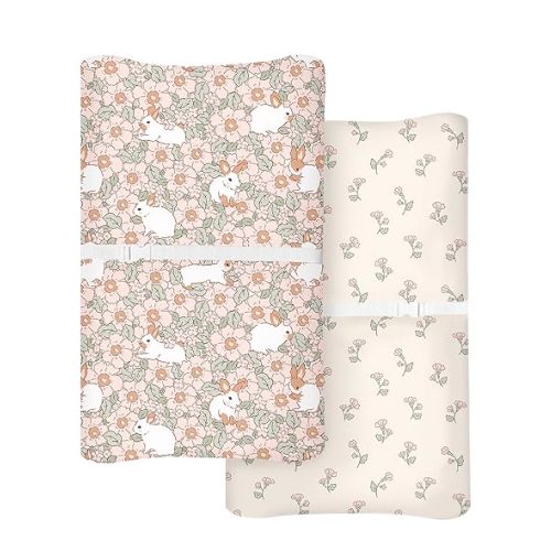 Changing Pad Cover for Baby Boys Girls 2 Pack, Fits Standard 32”×16” Changing Table Pads, Silky Breathable Stretch Knit, Machine Washable (Bunny Garden)