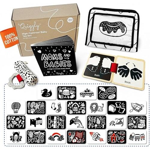 High Contrast Baby Toys, Black & White Newborn Play Kit, 0-3 Months | 29-piece set: 25 high-contrast cards, tummy-time mirror stand, 2 books, cotton rattle
