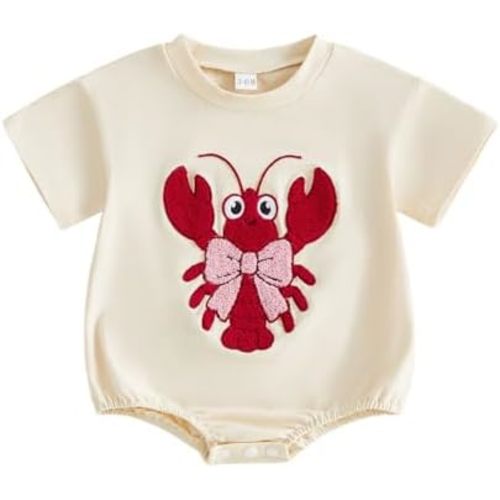 Newborn Baby Girl Summer Outfit Lobster Bow Embroidery Bubble Romper Shirt Short Sleeve Bodysuit Crawfish Clothes