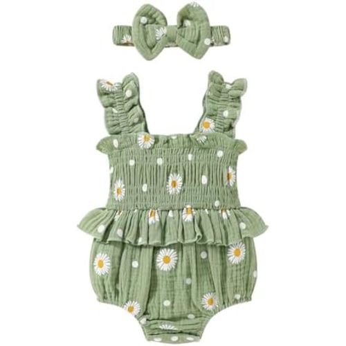 YOUNGER TREE Baby girl Romper Infant Summer Clothes Ruffle Sleeveless One Piece Bodysuit with Bow Headband Newborn Jumpsuit