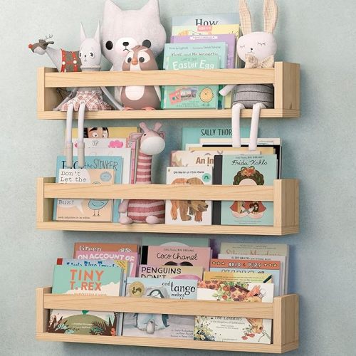 NATURE SUPPLIES Set of 3, 23.1 Inches, Natural Wood Floating Shelves for Wall, Kids Bookshelf for Bedroom, Nursery Storage, Decorative Wall Shelves for Kids Rooms