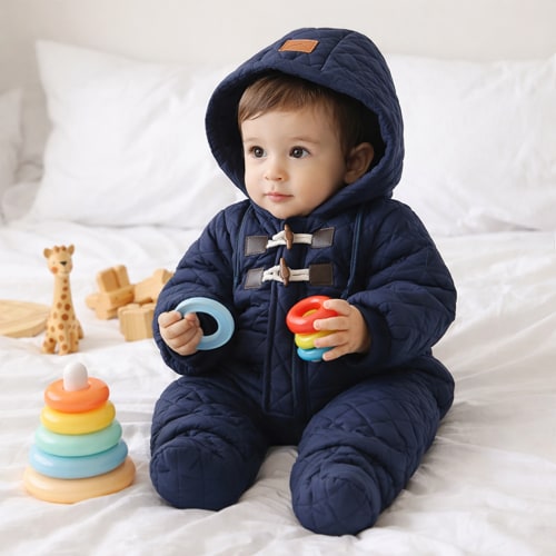 6-12 Month Quilted Hooded Baby Snowsuit Jumpsuit – Warm Winter One-Piece