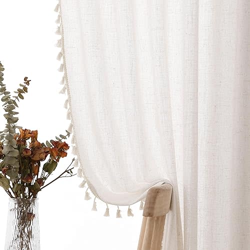 Boho Linen Curtains 80 Inches Long 2 Panels Cream Beige Semi Sheer Curtains Tassel Rod Pocket Back Tab Top Light Filtering Neutral Farmhouse Curtains for Living Room Bedroom 38x80