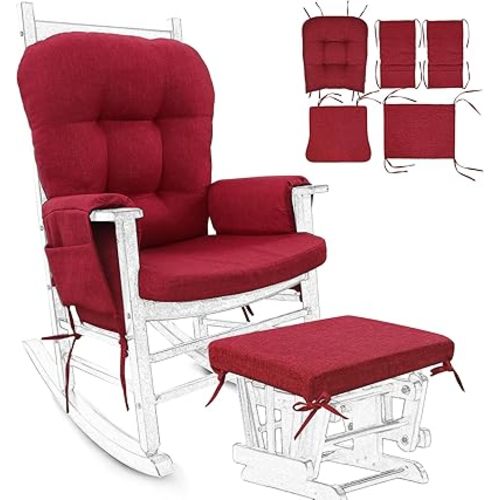 BUYUE Glider Rocker Replacement Cushion 5 PCS with Ties, Linen High-Density Foam Non-Slip & Washable Rocking Chair Pads for Sitting,Red