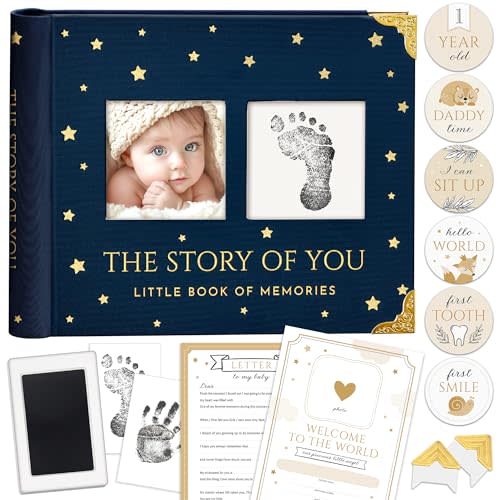 Book Keepsake, Baby Memory Book From Pre-Birth to 5th Year, with 2 Photo Pockets, Milestone Stickers, Hand/Footprint Inkpad, Baby Album and Baby Book for Girls or Boys (Dark Navy)