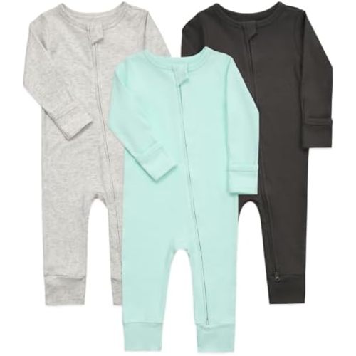 Aablexema Baby Cotton Footless Pajamas with Mitten, 3-pack Infant Romper Zip Up One Piece Jumpsuits Outfit