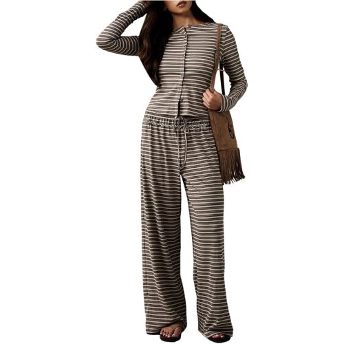 WDIRARA Women's Striped 2 Piece Pants Outfits Long Sleeve Top Lounge Sets