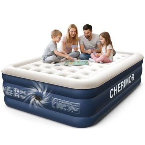 Cherimor, Queen Air Mattress with Built-in Pump & 18-in Raised Honeycomb Support - 800lb Capacity Inflatable Guest Bed with Pillow-Top Flocked Surface