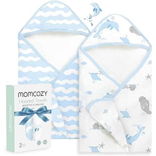 Momcozy Baby Towel with Hooded-Original Design Baby Towel Set -Soft & Absorbent- Shower Gifts or Bath Essential for Infant, Newborn, Toddler, Marine Sea Whale Seal Waves Magic