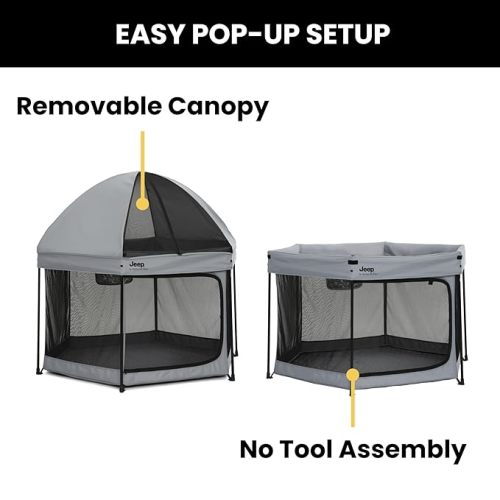 Jeep Hexagon Pop Up Play Yard with Removable Canopy | Ideal for Indoor and Outdoor Use, Grey