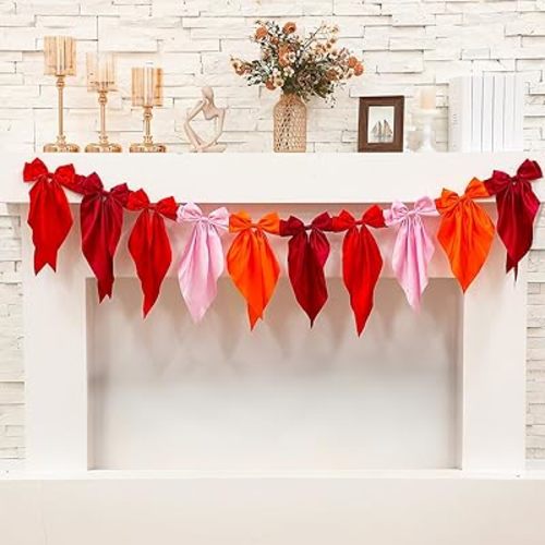 Red Bow Garland Banner, Satin Ribbon Bow Party Hanging Garland Decoration for Birthday Christmas Holiday Party Supplies