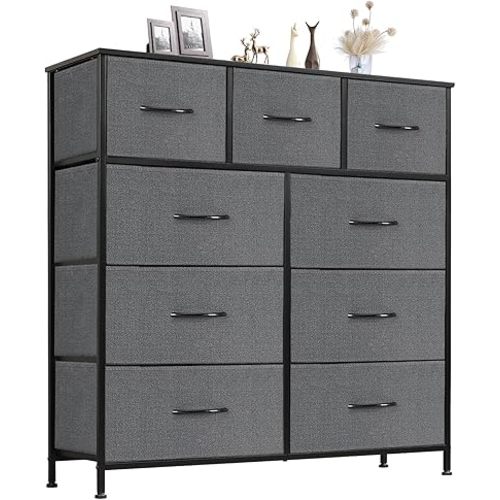 Sweetcrispy 9 Drawer Fabric Dresser Tall Chest Storage Organizer Tower with Cabinet Metal Frame and Wood Top Lightweight Nursery Closet Furniture for Bedroom,Charcoal Grey