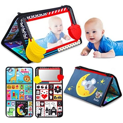 Junyobee Baby Tummy Time Floor Mirror with Soft Crinkle Books Toys - Montessori Infant Sensory Brain Development Cloth Book - Newborn Toys Gifts for Babies 0 3 6 12 Months Great Shower Gift