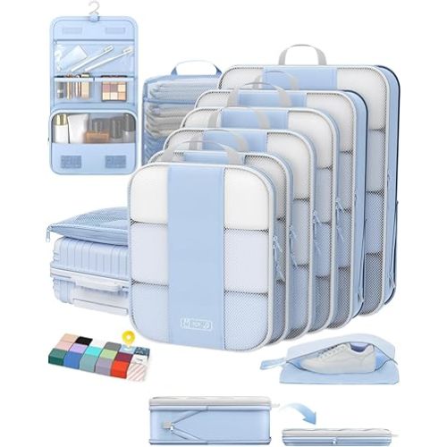 10 Set Compression Packing Cubes for Travel Essentials,Compressible Expandable Packing Cubes for Suitcase,OlarHike Luggage Garment Bags for Travel,Handy Helper for Organizing Clothes(Light Blue)