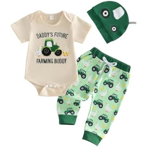 GOOCHEER Newborn Baby Boy Clothes Farm Tractor Short Sleeve Romper Shirt Top Pants Hat Set Spring Summer Outfits