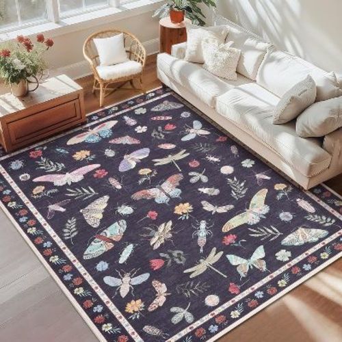Coucheta Floral Butterfly Area Rug - Washable Non-Slip Carpet for Living Room, Bedroom & Nursery, Stain Resistant Low Pile Rug(5*7ft,Black)
