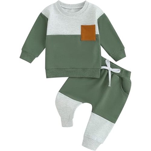 Kupretty Toddler Baby Boy Fall Winter Clothes Color Block Long Sleeve Sweatshirt Pullover Tops + Joggers Pants Outfit Set