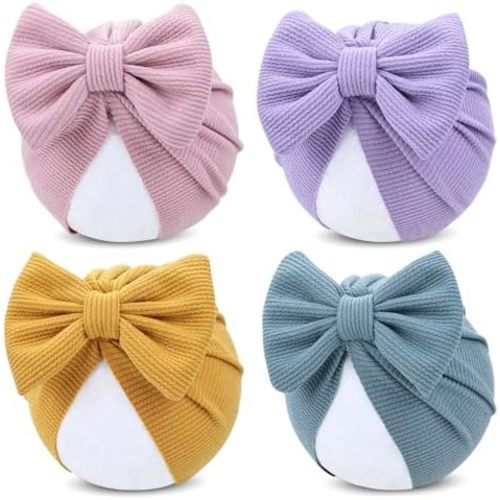 Cinaci 4 Pieces Baby Girls Turban Hats with Bow Newborn Hospital Caps Bonnets Beanies Headwraps for Infants Toddlers