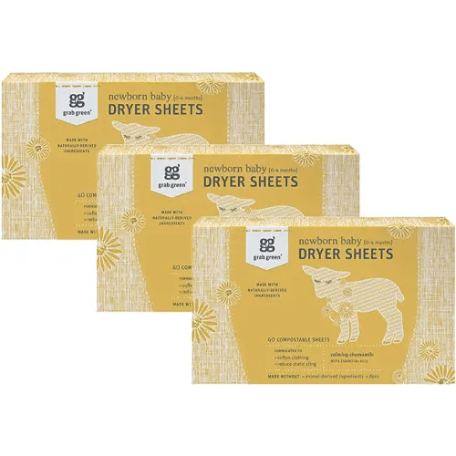 Grab Green Newborn Baby Dryer Sheets, 120 Sheets, Chamomile Scent, Plant and Mineral Based, Compostable, Softens Clothing and Linens, Reduces Static Cling