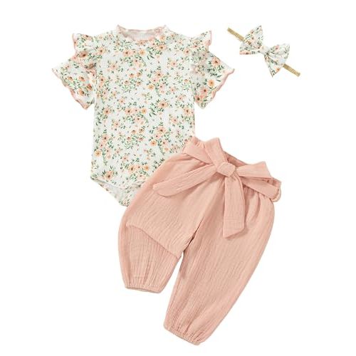 SUNNY PIGGY Newborn Baby Girl Clothes 4Pcs Cute Infant Fall Winter Outfits | 0-18 Months,Toddler Girl Clothing Set,Cute Ruffle Long Sleeve Romper,Casual Floral Pants with Bow Headband,Newborn Essentials