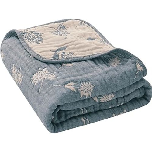 6-Layer Muslin Baby Blanket - Made with Organic Cotton, Earthy Botanicals Jacquard Swaddle & Crib Quilt, 43" x 43" (Navy Blue Floral)