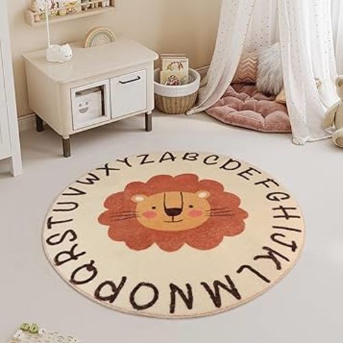 3ft Round Lion Rug, Soft Safari Nursery Rug, Educational Area Alphabet Rug for Kids Playroom Nursery Decor, Nonslip Play Mat, Animals Carpet, Jungle Rug Boy