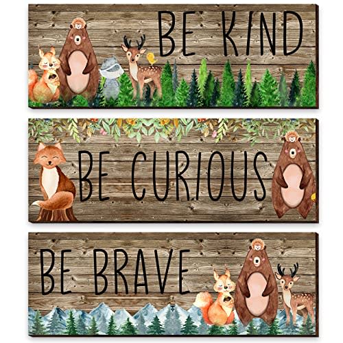 Jetec 3 Pcs Woodland Animal Nursery Decor Safari Wall Art Be Kind Brave Curious Cute Light Brown Nursery Decor Wood Rustic Forest Jungle Animals Style 11 x 4 Inch for Bedroom Classroom Home