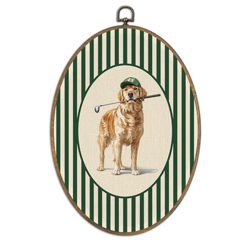 SHQIEUDH Golden Retriever Oval Wall Art, Golden Retriever Golf Framed Canvas Prints Artwork, Green Striped Oval Wall Hanging Decor for Living Room Home Bedroom Kitchen, 8.6x11.4In