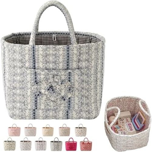Women's Large Capacity Quilted Car Storage Basket Tote Bag Foldable Washable Multifunctional Diaper Organizer for Moms Daily Use,vine blue C