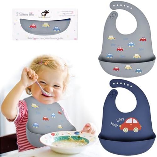 2 Pack Silicone Baby Bibs Adjustable Fit Waterproof Bib With Leak Proof Food Pouch Catcher for Eating Boys Girls