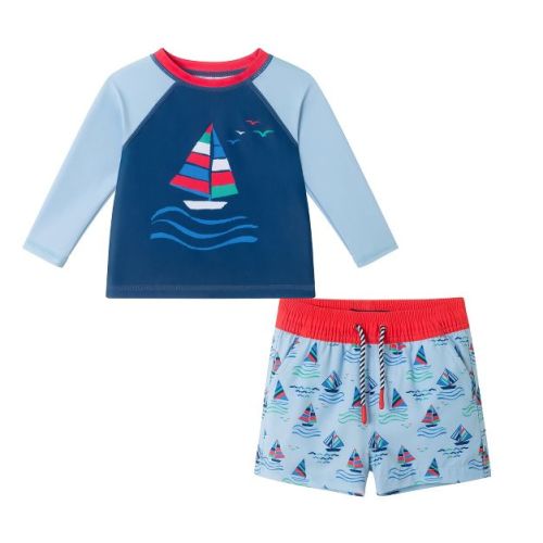 Andy & Evan Infant Sailboat Graphic Rash Guard and Swim Trunk Set Blue, Size 3-6 Months.