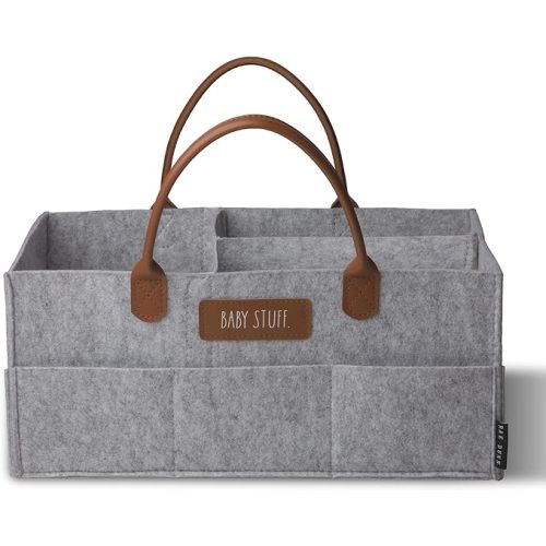 Rae Dunn Baby Diaper Caddy Organizer, Nursery Storage for Changing Table and Car, Portable Basket for Items, Shower Gifts, Grey Felt With Leather Handles, Large