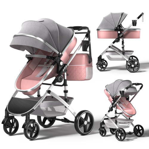 babyeap 2 in 1 Baby Stroller,Foldable Lightweight Carriage Reversible Bassinet Pram for Toddler,Travel Stroller with with Cup Holder、Storage Bag,Pink